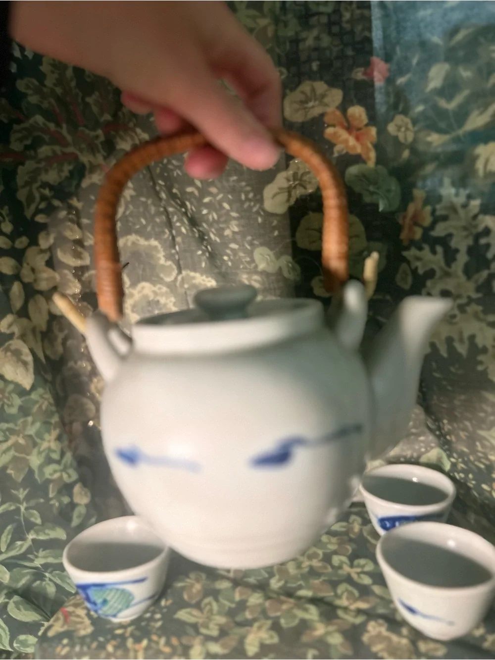 Ceramic Fish Teapot Set in White and Blue with Green Accents